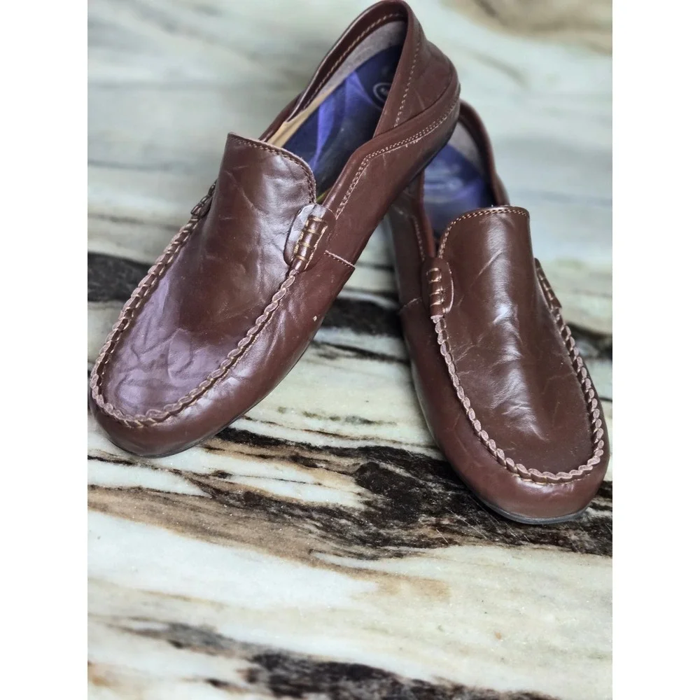 Mens Brown Leather Driving Loafers Slip On Moc Toe‎ Size 10 M Minimalist Preppy